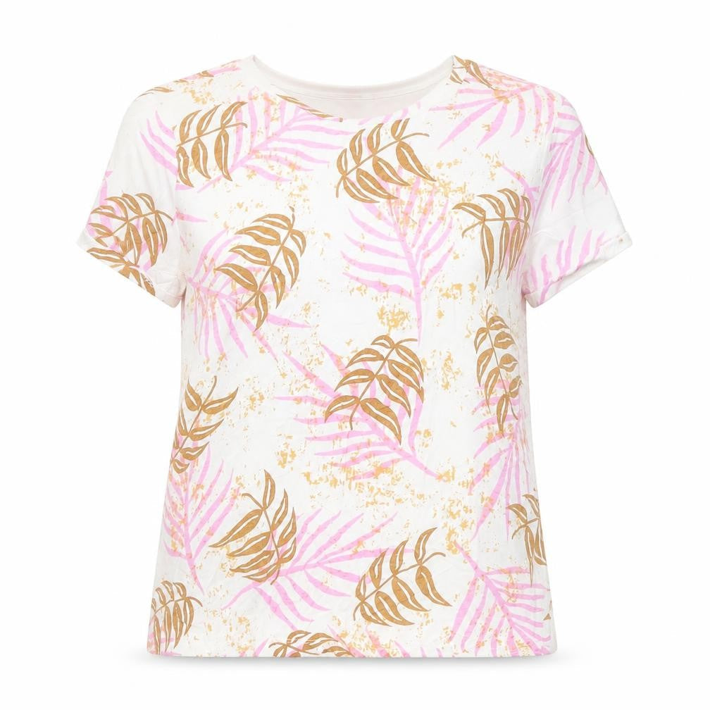 Sweewë Paris Women's White Pink Leaf Print Cotton T-Shirt Size M