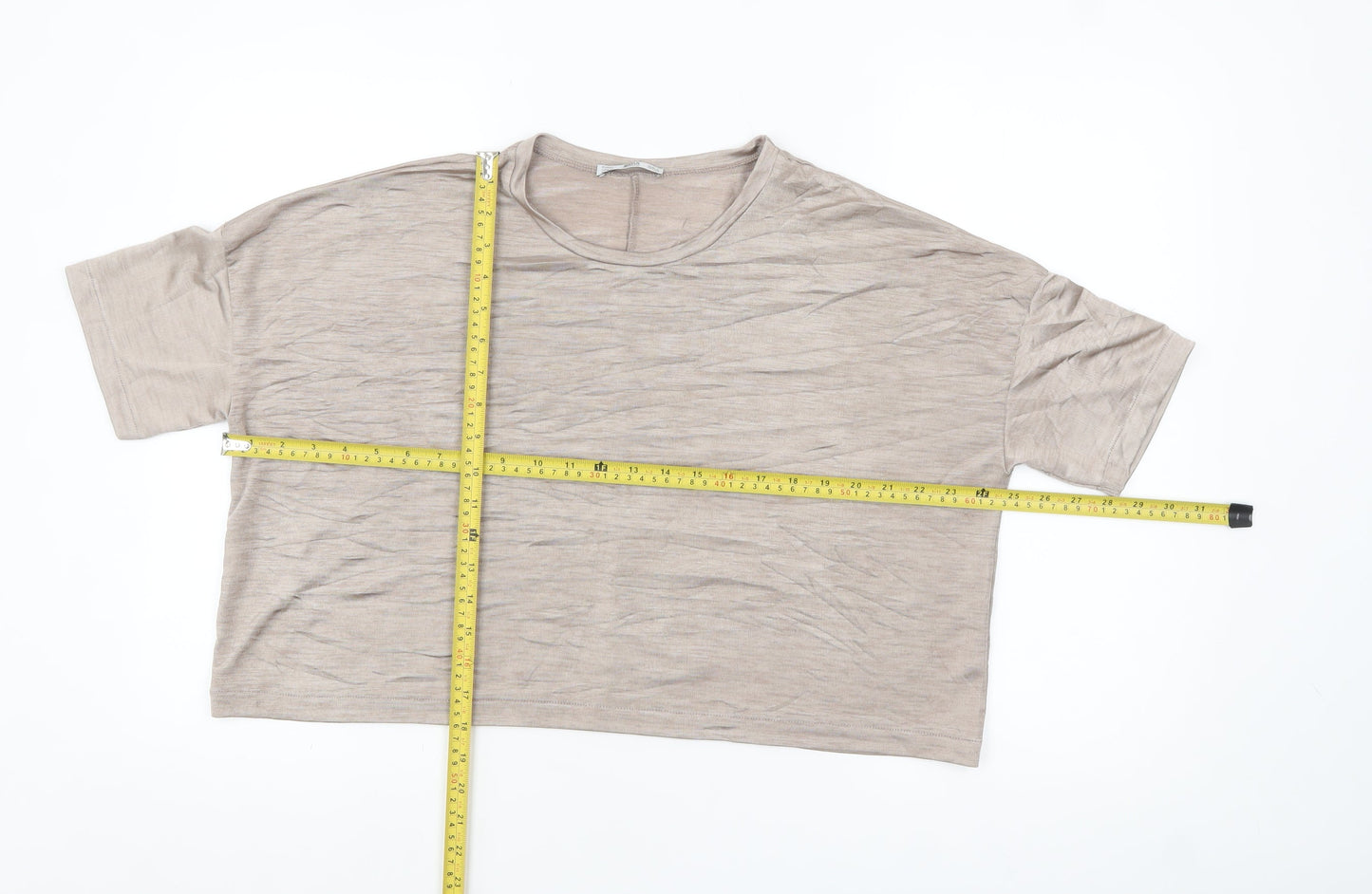 Zara Women Beige Basic Short Sleeve Relaxed Fit T-Shirt Size S