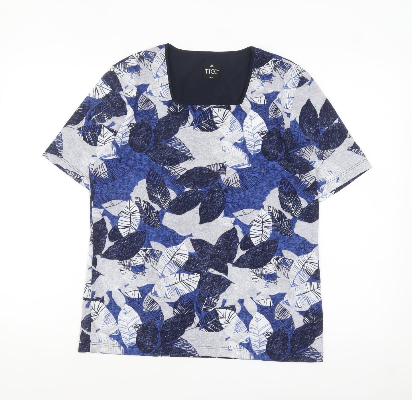TIGI Womens Blue Floral Leaf Print Short Sleeve T-Shirt Size 14