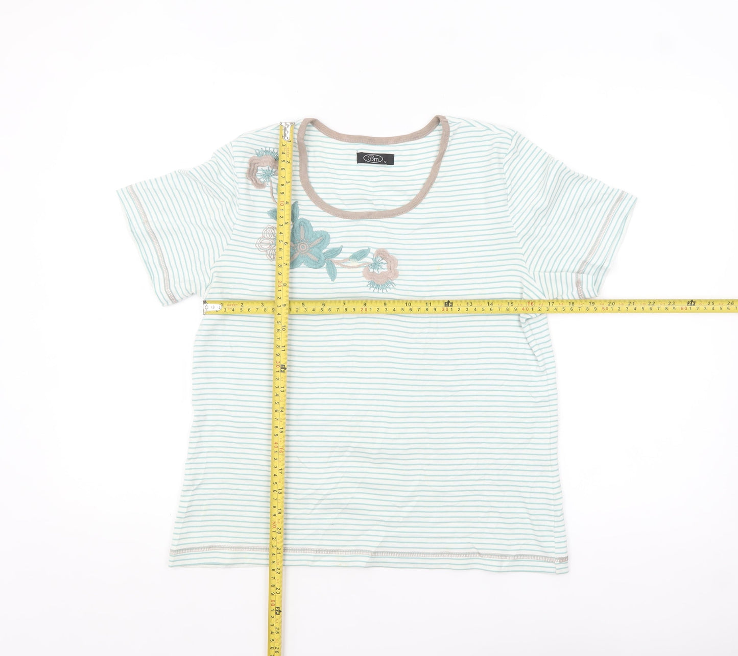 Bm Women's White Striped Embroidered T-Shirt Size S Casual Lightweight