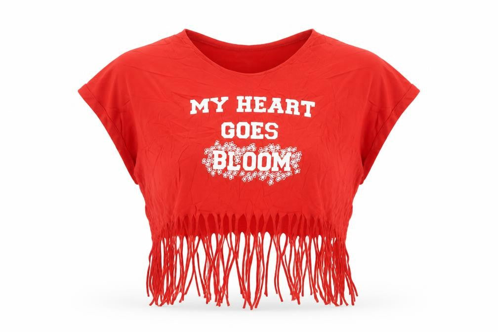 People Tree Women’s Red Cropped Fringe T-Shirt Size 8 V-Neck Organic Cotton
