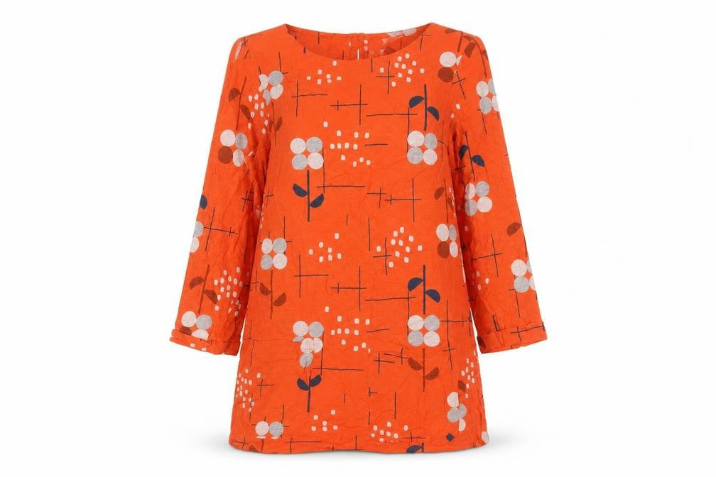 White Stuff Women’s Orange Floral Tunic Blouse UK 8 3/4 Sleeve Cotton