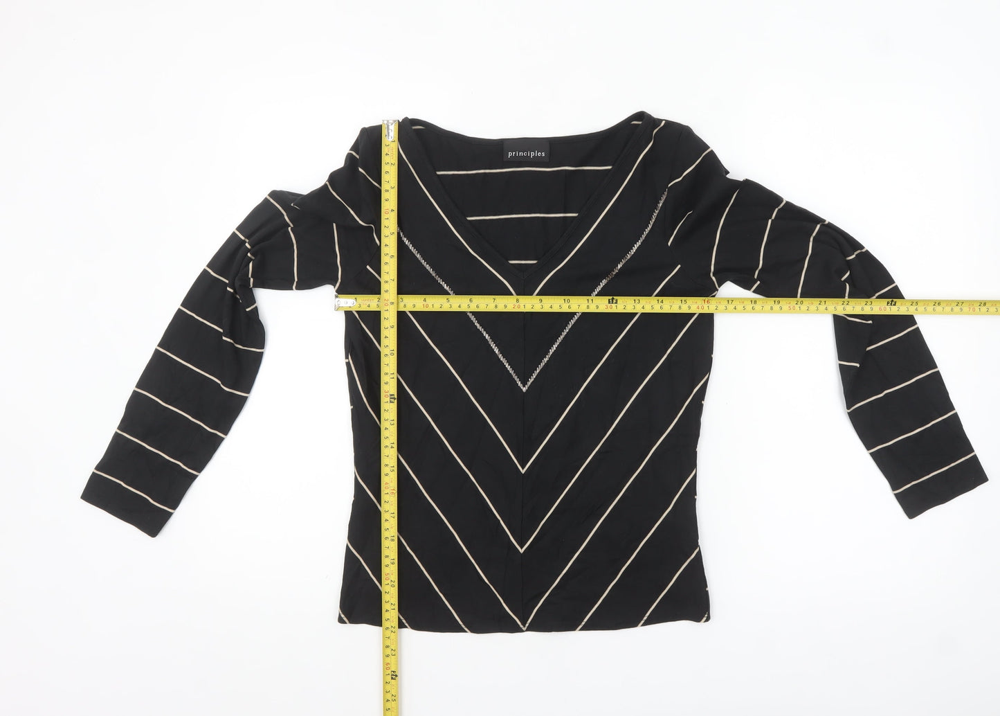 Principles Womens Black Striped Long Sleeve V-Neck Top Size 12