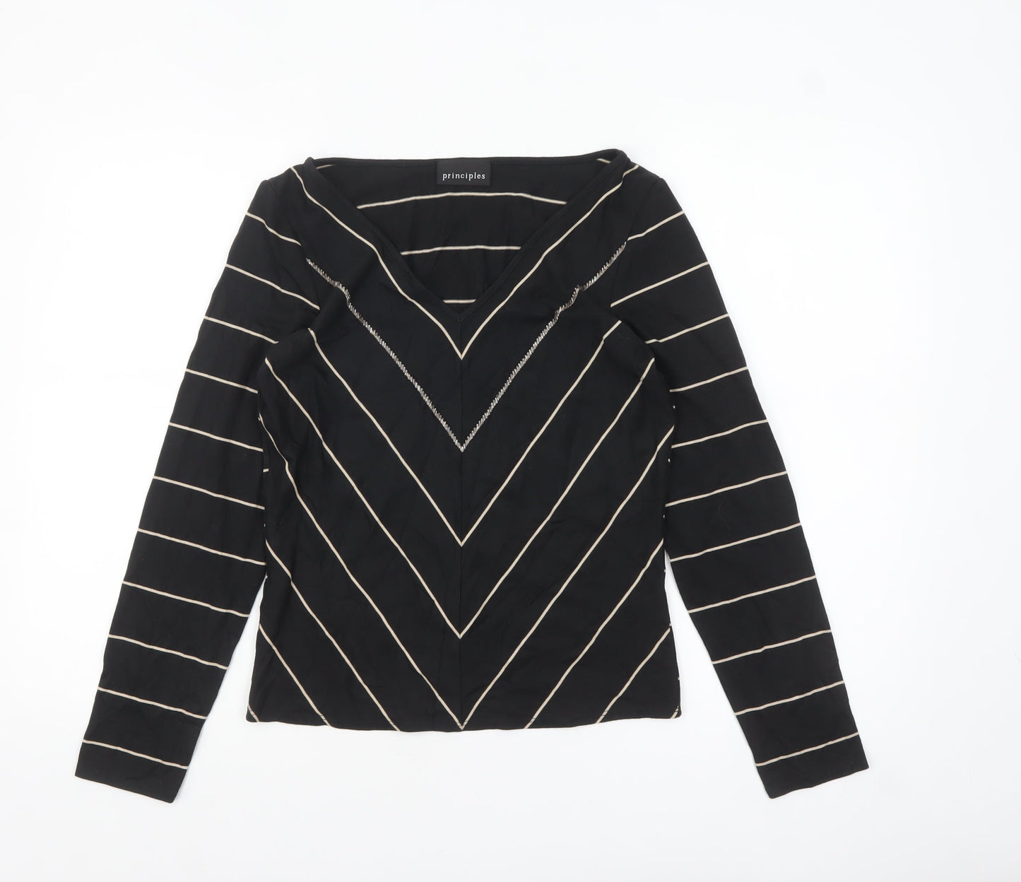 Principles Womens Black Striped Long Sleeve V-Neck Top Size 12