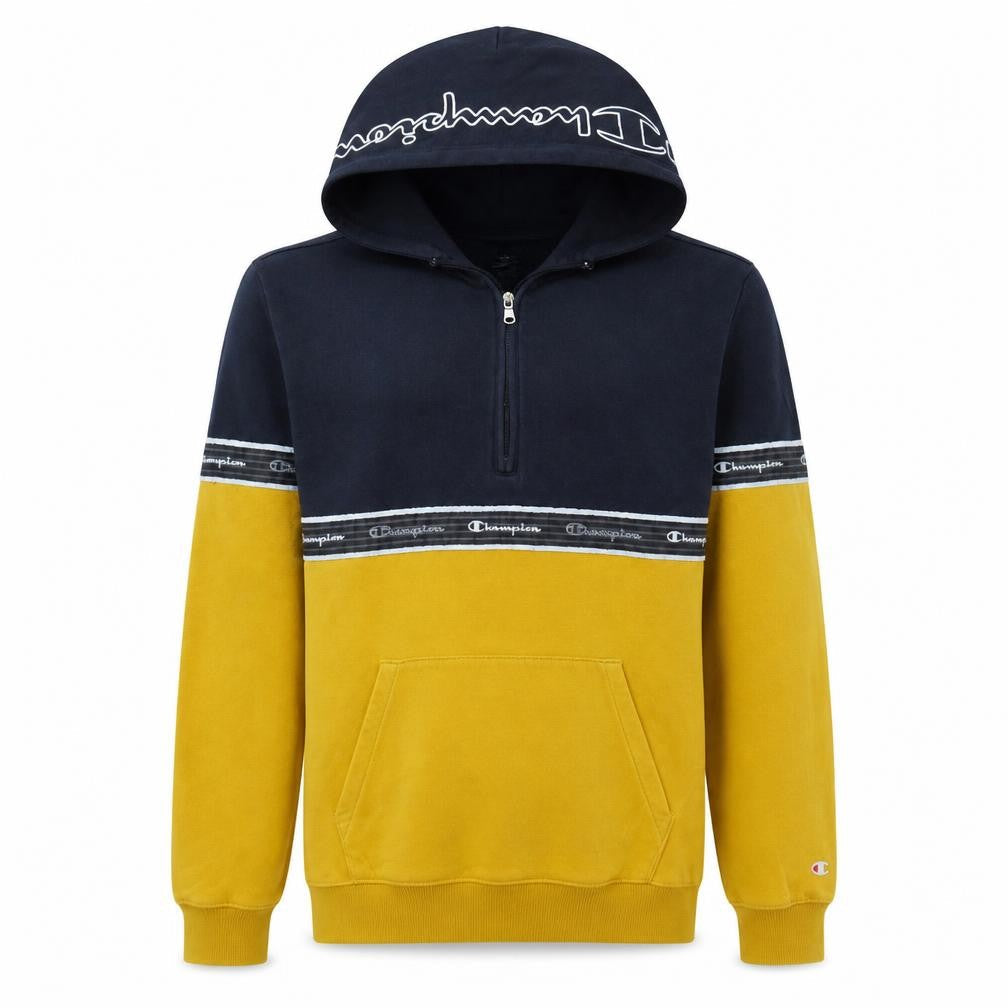 Champion Men's Blue Yellow 1/2 Zip Hoodie Large Logo Fleece