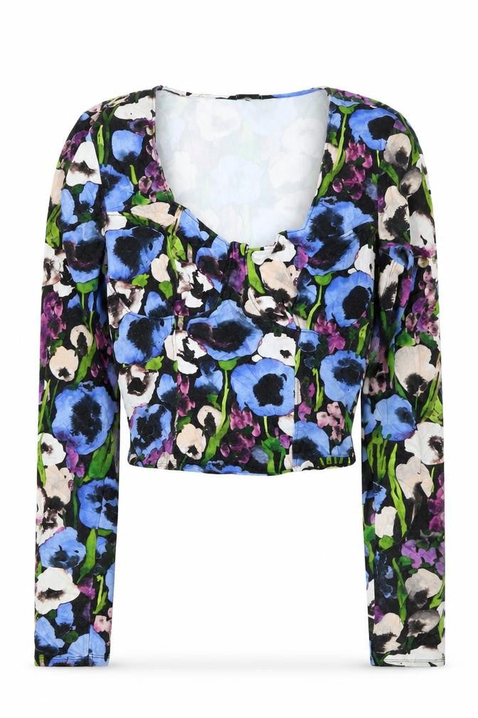 Monki Women's Multicoloured Floral Cropped Blouse Long Sleeve S