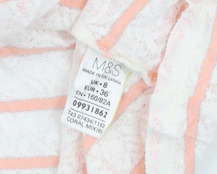 Marks and Spencer Women’s Coral Stripe Boat Neck Lace T-Shirt Size 8