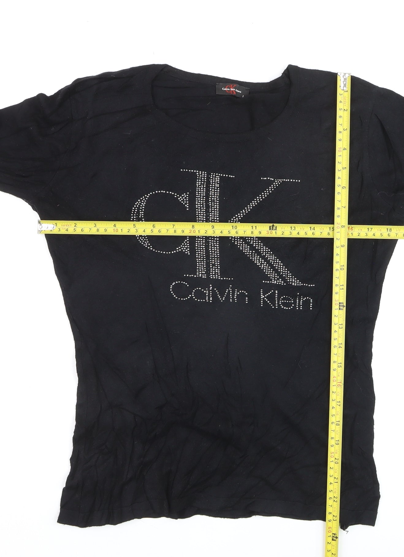Calvin Klein Women's Black Rhinestone Logo Long Sleeve Cotton Top L