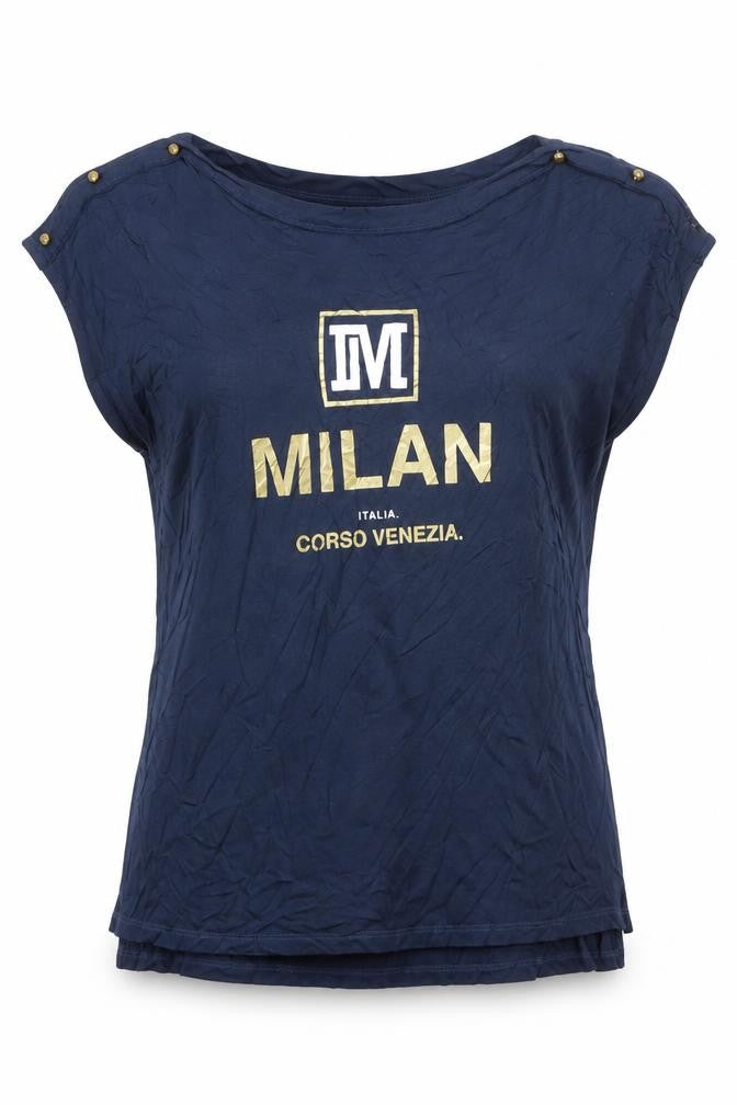 River Island Womens Blue Gold Milan Print Viscose T-Shirt Size 10