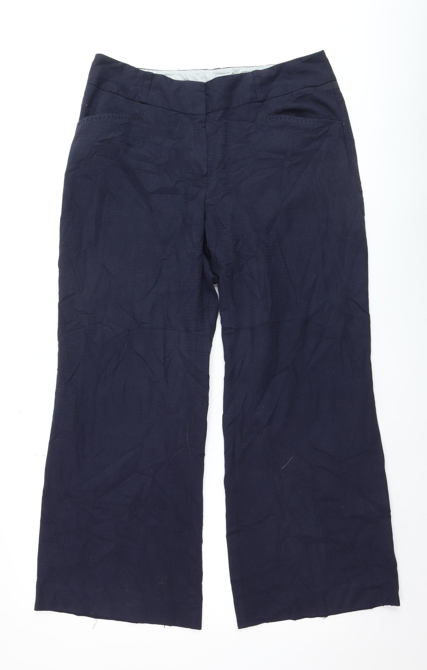 Next Women Navy Blue Linen Blend Wide-Leg Trousers Size 14R