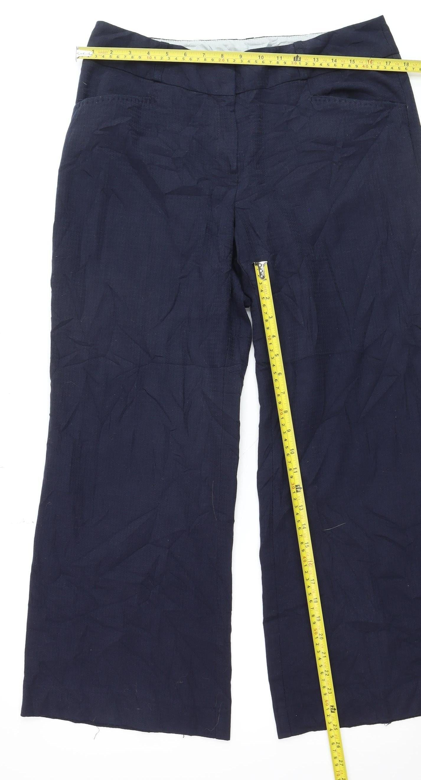 Next Women Navy Blue Linen Blend Wide-Leg Trousers Size 14R