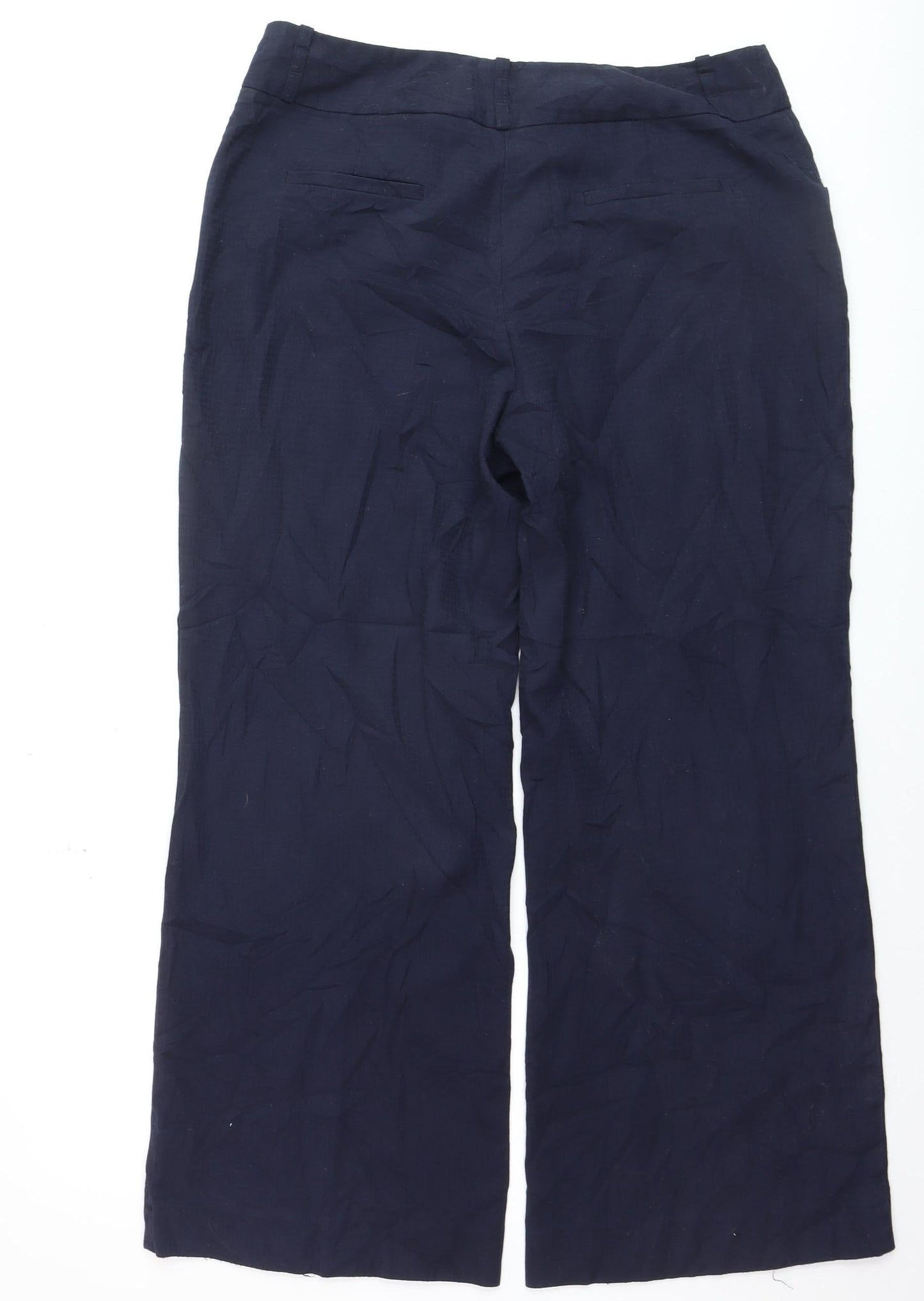 Next Women Navy Blue Linen Blend Wide-Leg Trousers Size 14R