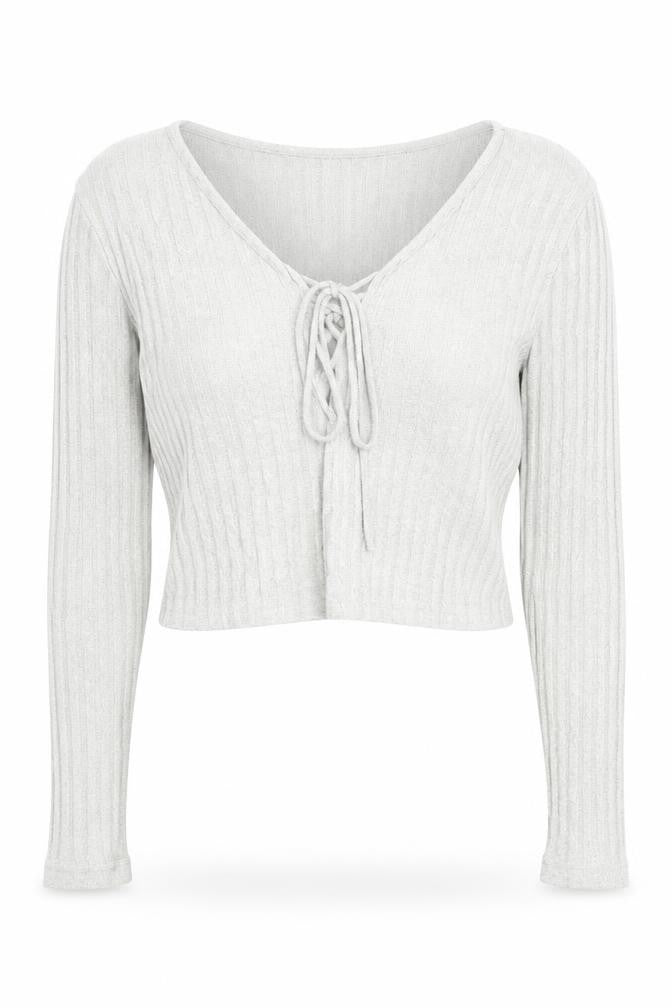New Look Petite Grey Ribbed Tie Front Cropped Long Sleeve Top Size M