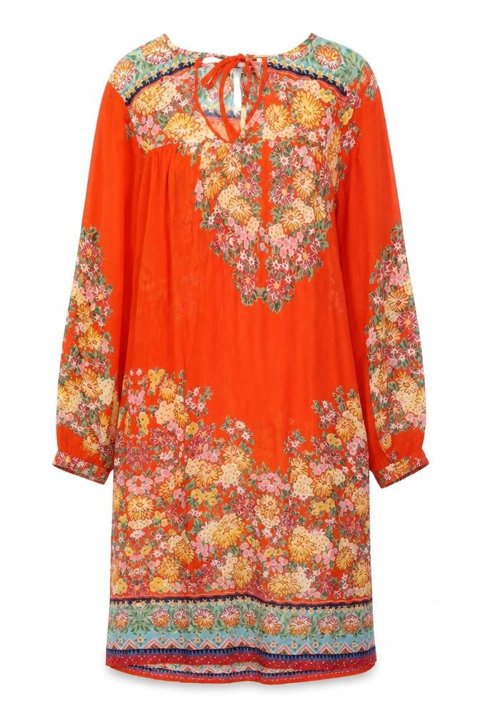 Front view of ASOS Women’s Orange Floral Bohemian Knee Length Chiffon Dress, size UK 8