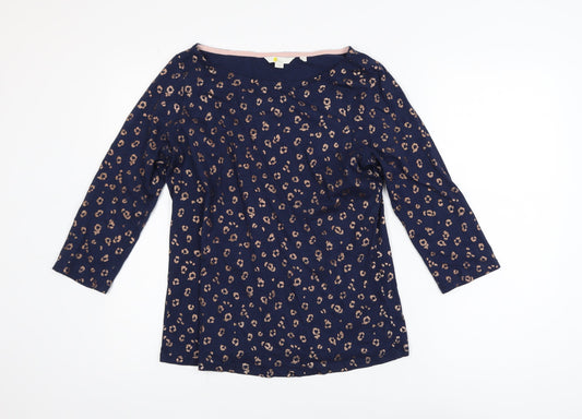 Boden Women's Blue Animal Print Boat Neck 3/4 Sleeve Cotton Modal Blouse Size 14