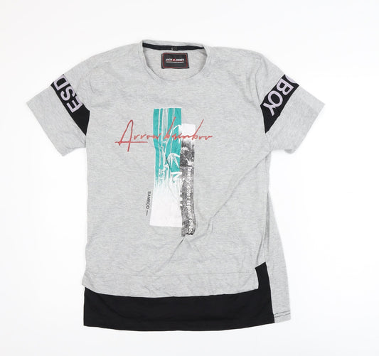 Jack & Jones Men's Grey Graphic Print Cotton T-Shirt Size M