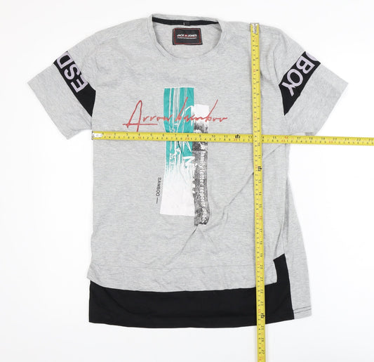 Jack & Jones Men's Grey Graphic Print Cotton T-Shirt Size M