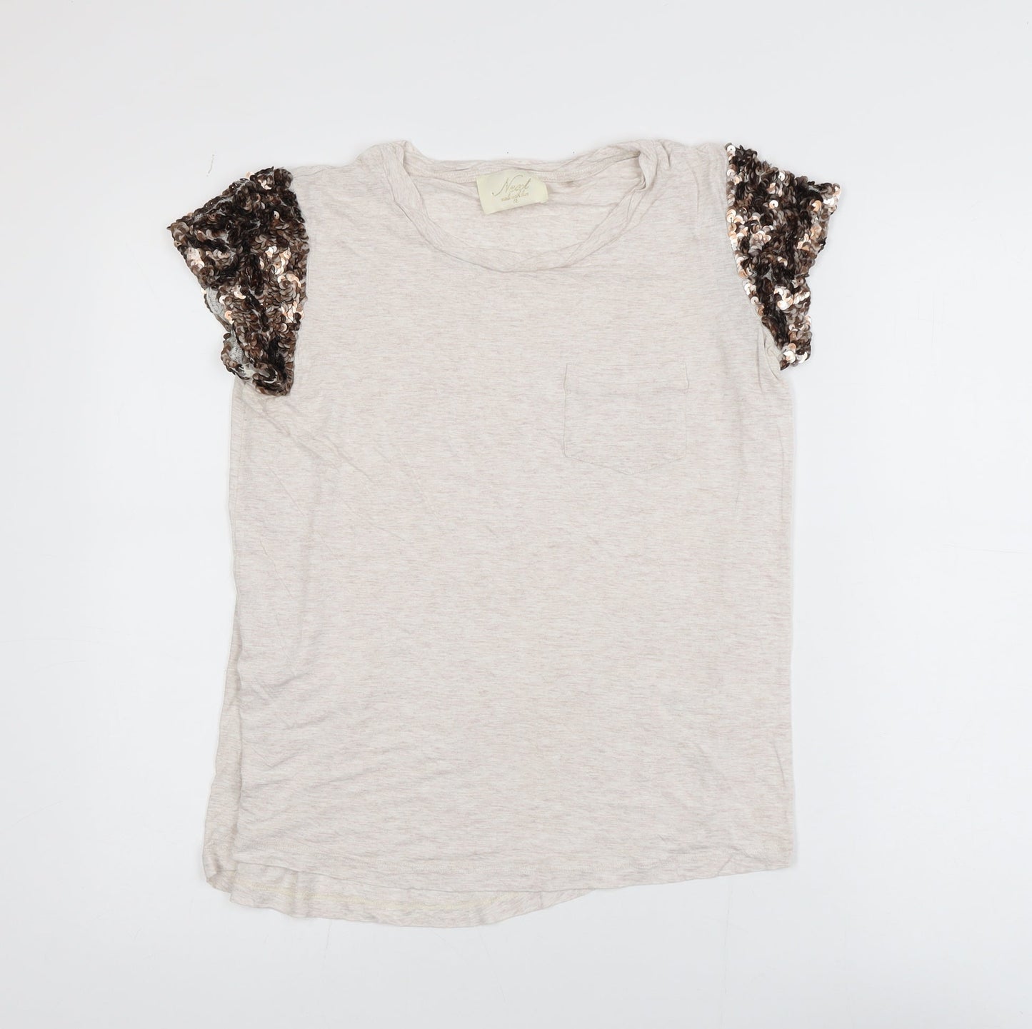 Next Women Beige Sequin Sleeve Viscose T-Shirt Size 14
