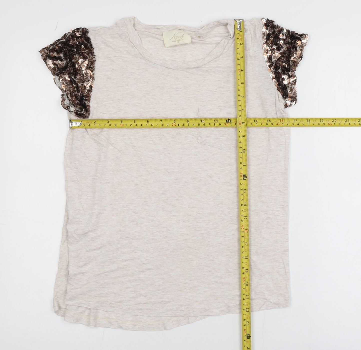 Next Women Beige Sequin Sleeve Viscose T-Shirt Size 14