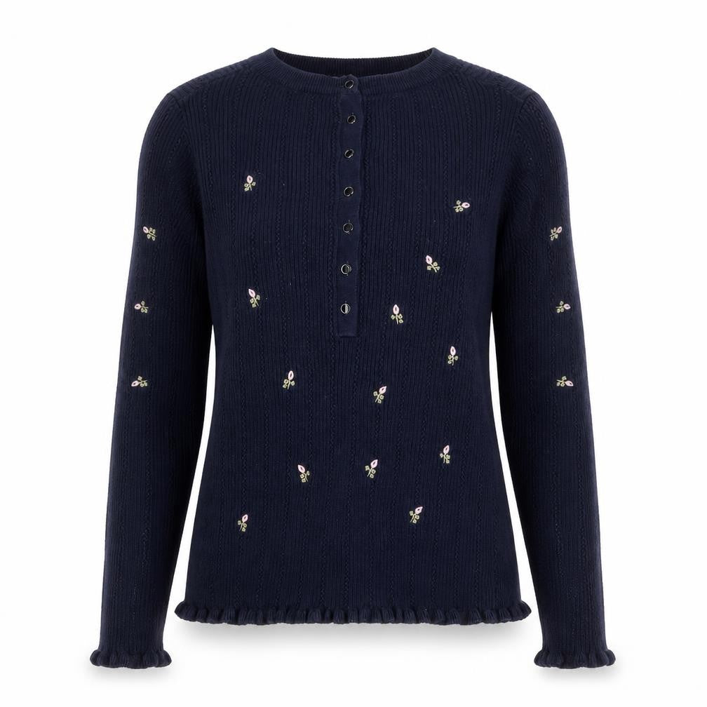 Next Women Navy Blue Floral Embroidered Henley Jumper Size 12 Long Sleeve