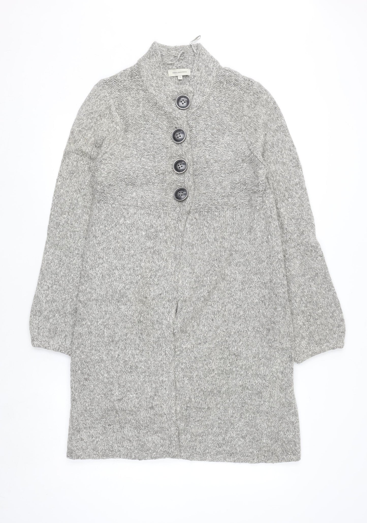 Rocha.John Rocha Women Grey Button Cardigan Size 14 Long Knit Alpaca Blend