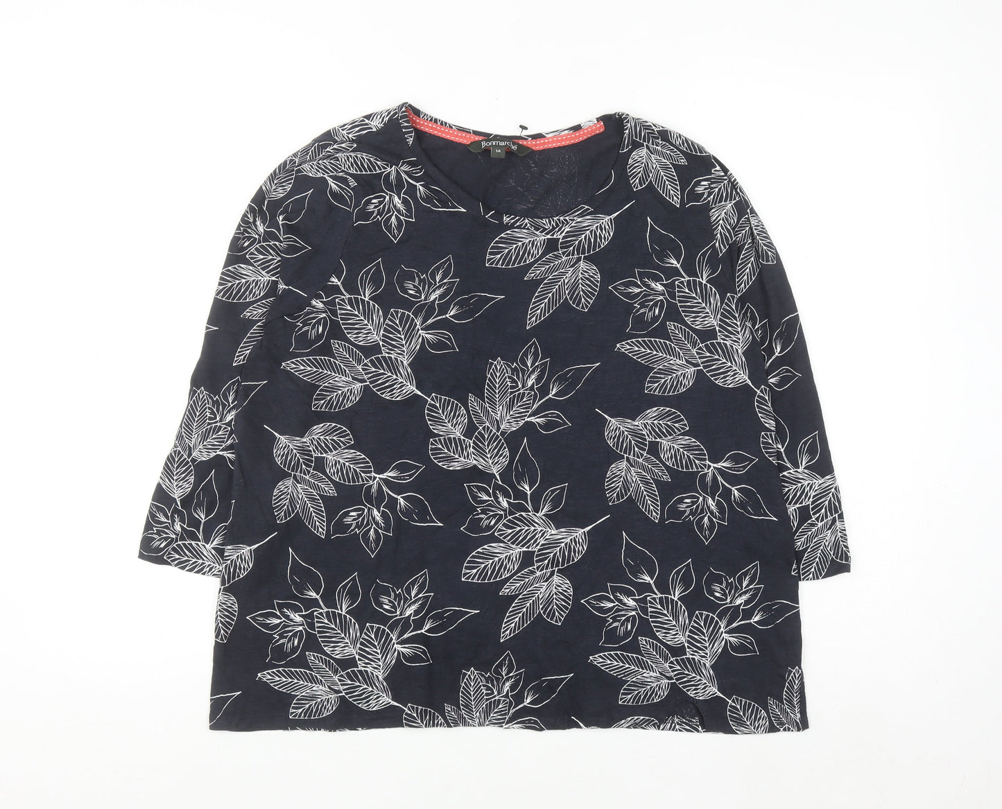 Bonmarché Women's Blue Floral Cotton 3/4 Sleeve T-Shirt Size 14
