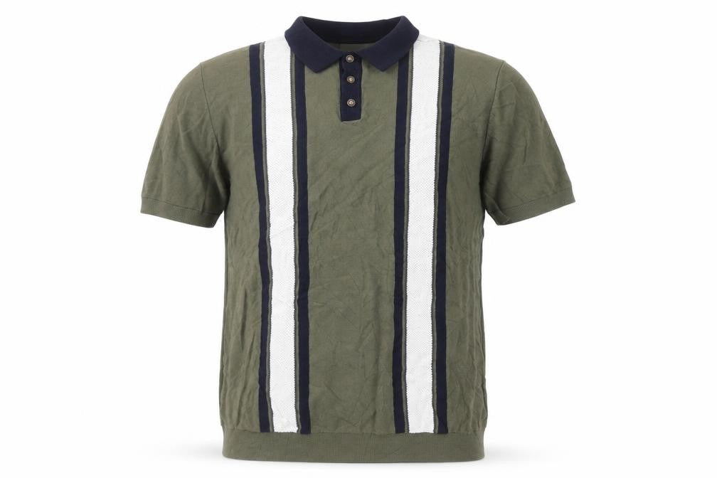 Easy Men's Green Striped Knit Polo Shirt XL Short Sleeve Cotton Blend