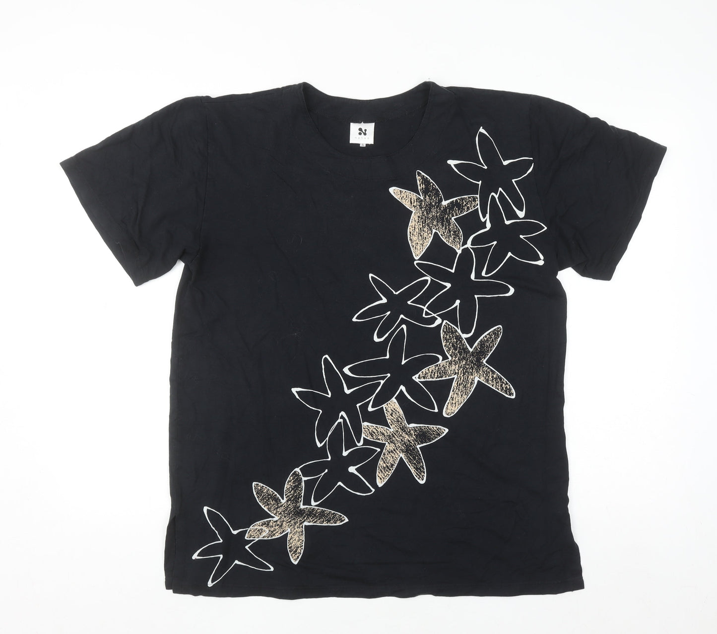 Nanso Womens Black Floral Print Short Sleeve T-Shirt S