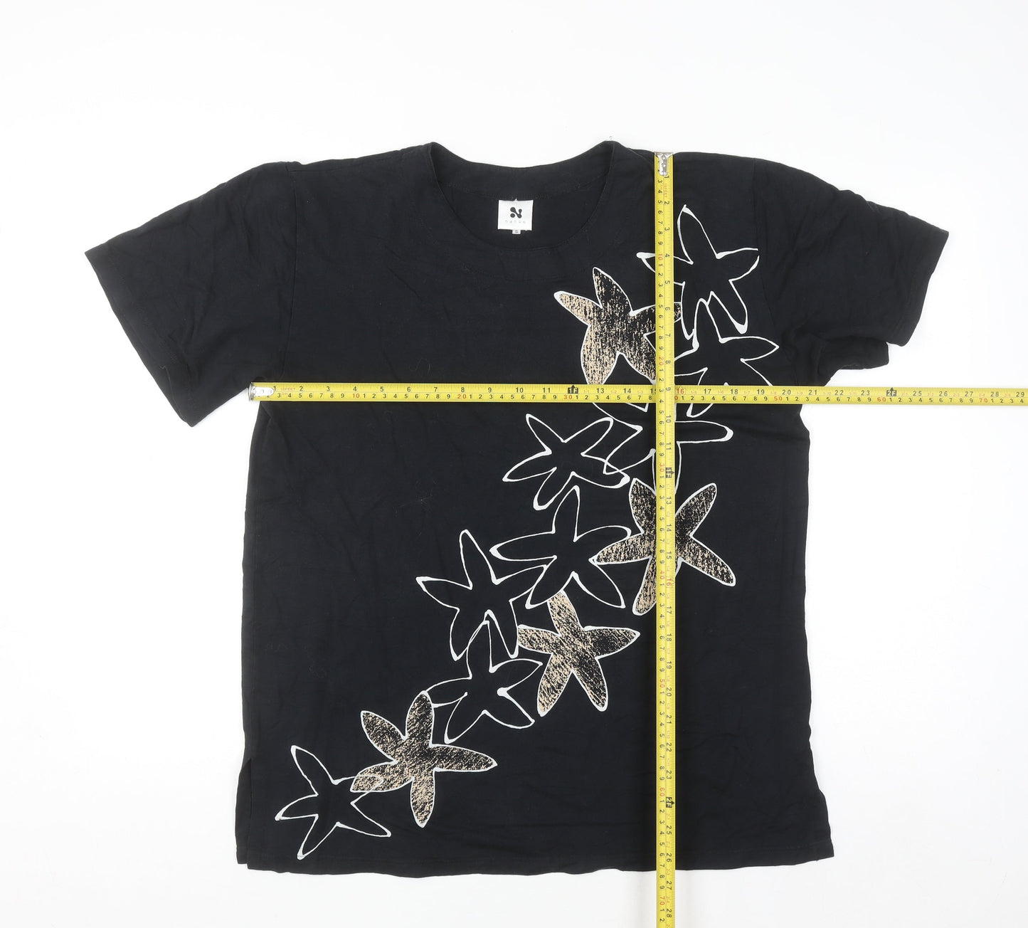 Nanso Womens Black Floral Print Short Sleeve T-Shirt S