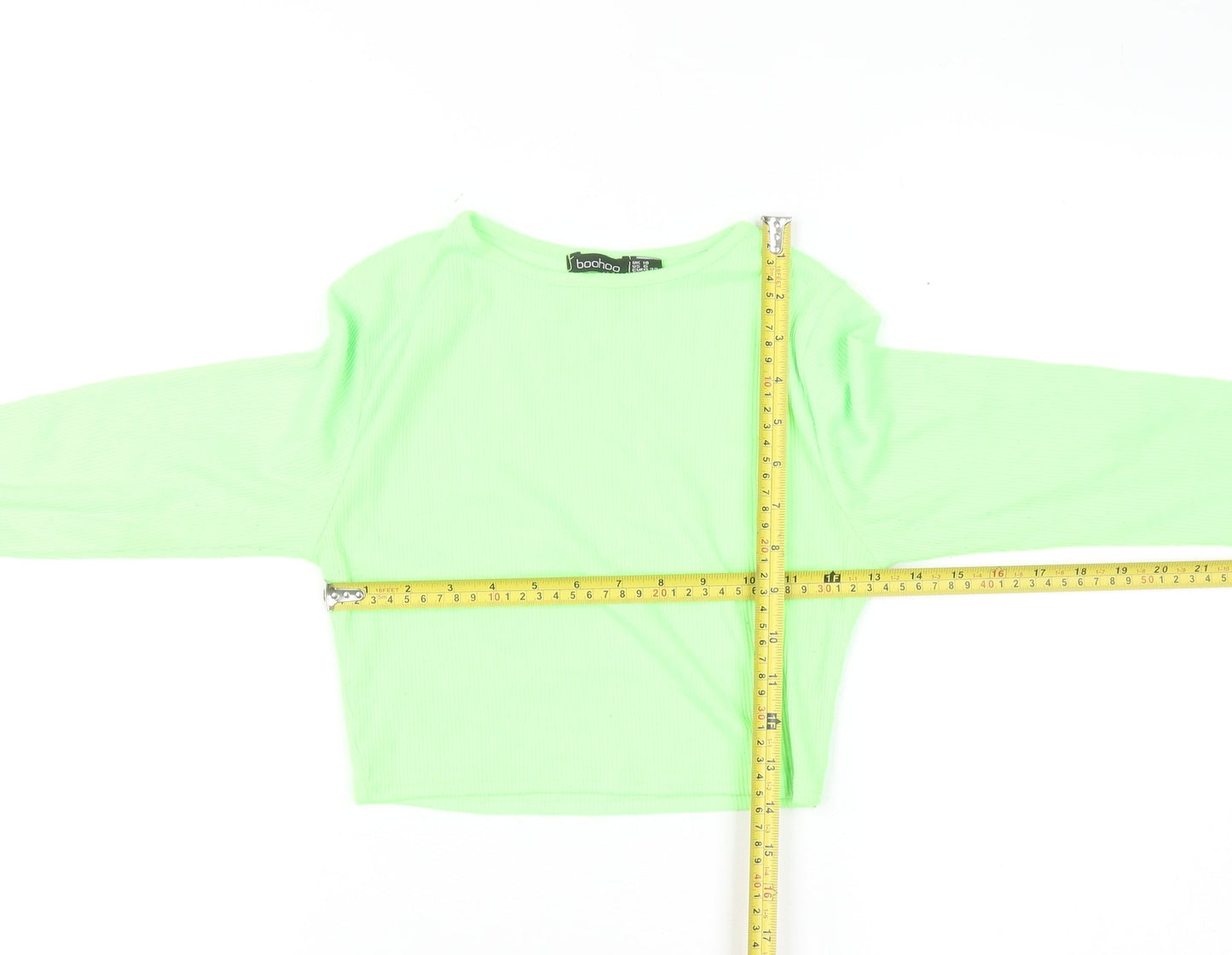 Boohoo Womens Green Cropped Long Sleeve Slim Fit Top Size 10