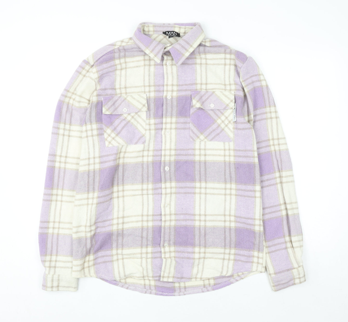 boohooMAN Men's Purple Check Flannel Long Sleeve Shirt Size M