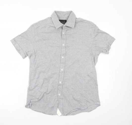 Massimo Dutti Men's Grey Linen Cotton Short Sleeve Polo L