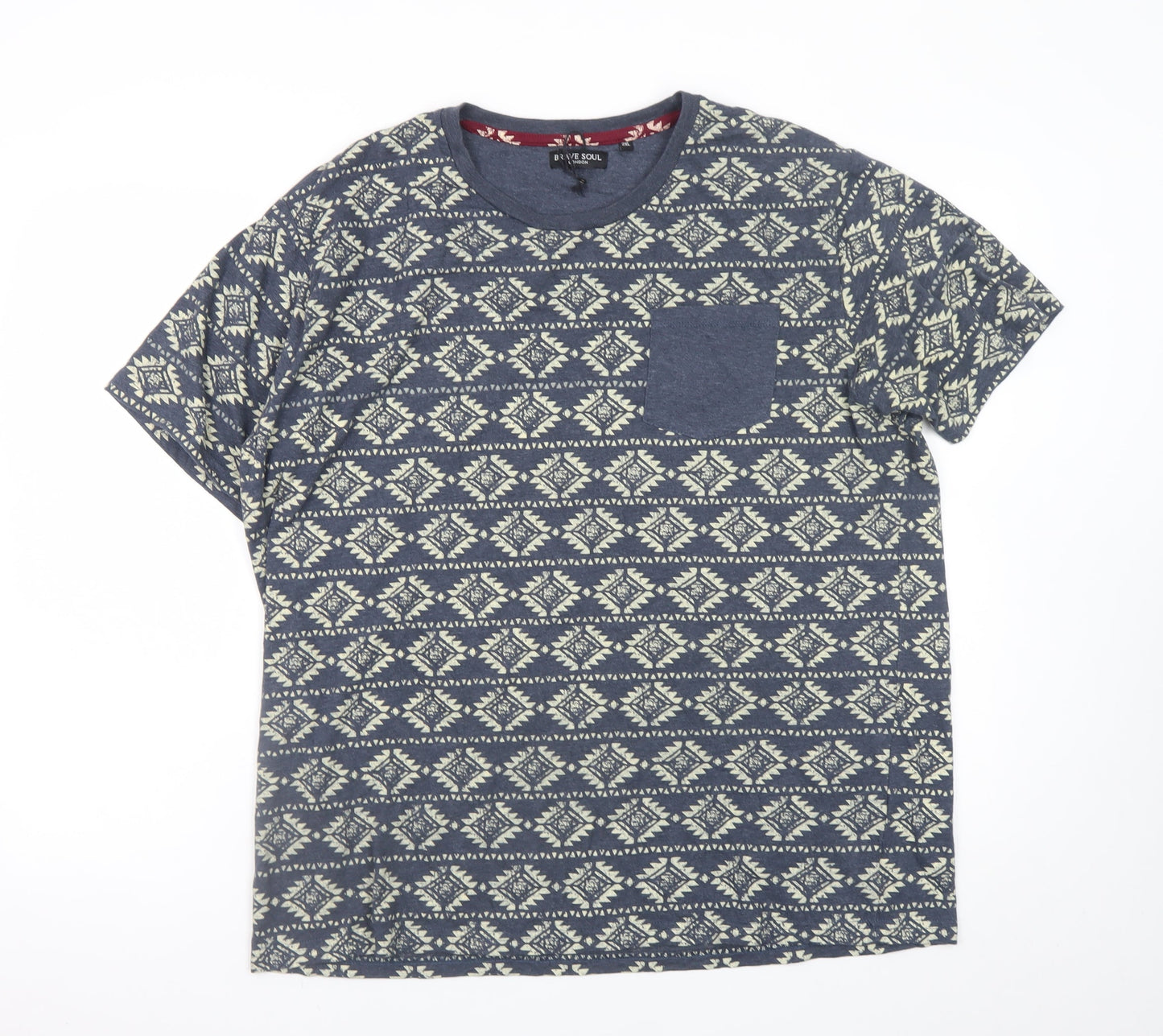 Brave Soul Men's Blue Aztec Print Crew Neck T-Shirt 2XL Cotton Blend