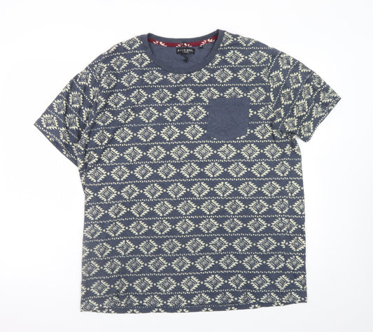 Brave Soul Men's Blue Aztec Print Crew Neck T-Shirt 2XL Cotton Blend