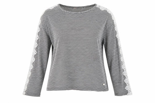 Superdry Womens Black Striped Lace Long Sleeve Cotton T-Shirt Size 14