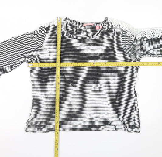 Superdry Womens Black Striped Lace Long Sleeve Cotton T-Shirt Size 14