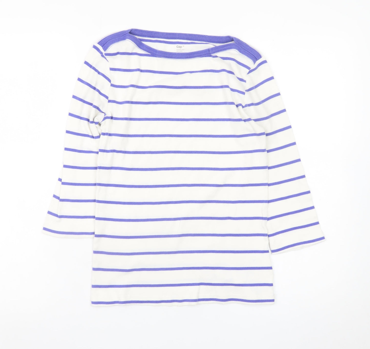 Gap Women White Striped 3/4 Sleeve Cotton Boat Neck T-Shirt Size M