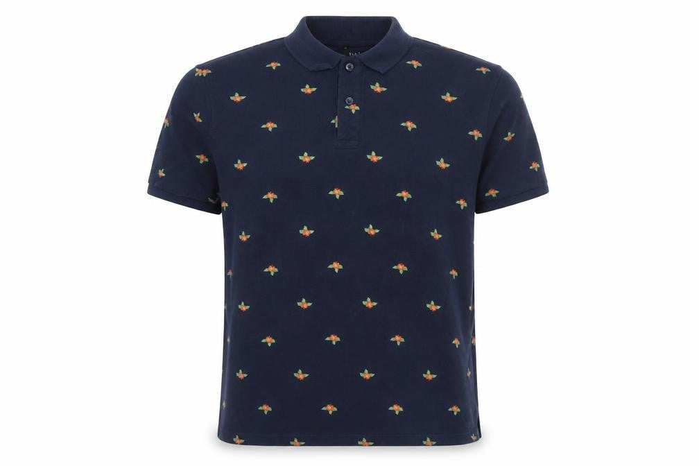 Marks and Spencer Men's Blue Floral Embroidered Polo Shirt Size L