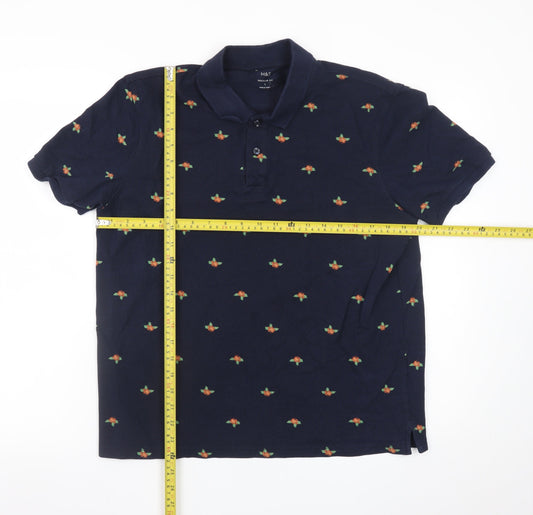 Marks and Spencer Men's Blue Floral Embroidered Polo Shirt Size L