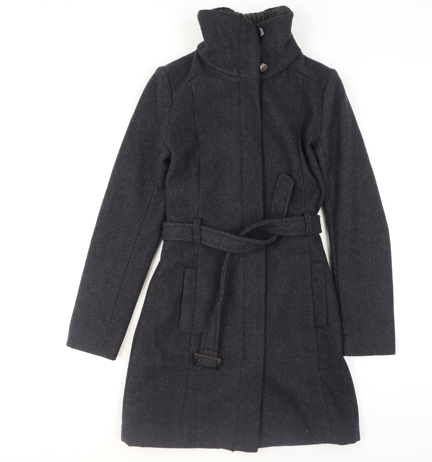 Mango Women Black Wool Blend Belted Overcoat XS