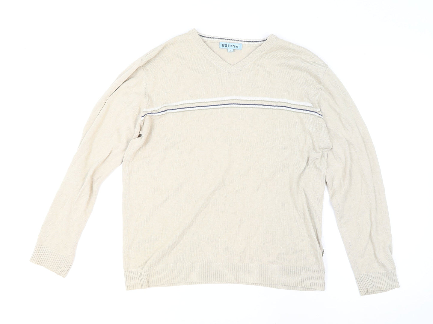 Baleno Men's Beige Cotton V-Neck Striped Jumper L Classic Knit