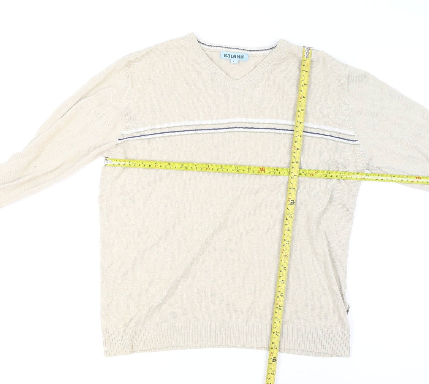 Baleno Men's Beige Cotton V-Neck Striped Jumper L Classic Knit