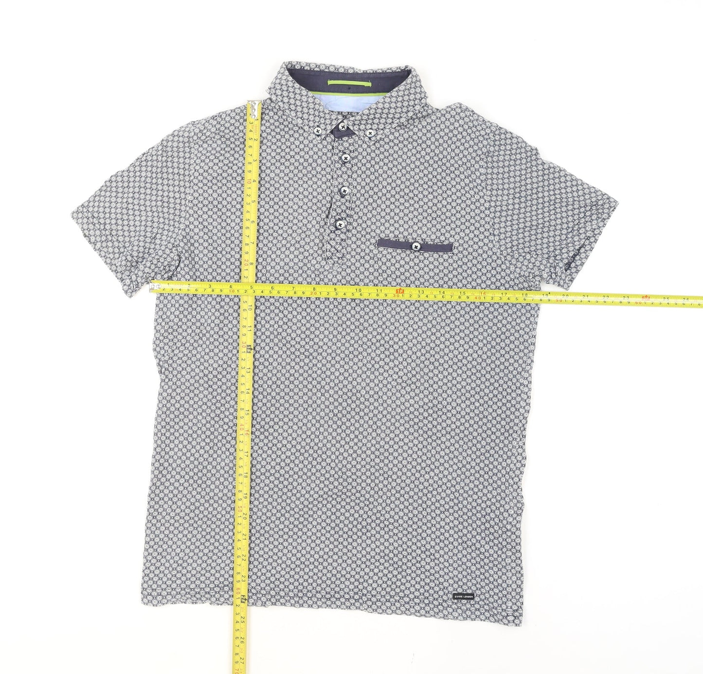 Guide London Men's Blue Geometric Button-Up Short Sleeve Shirt M