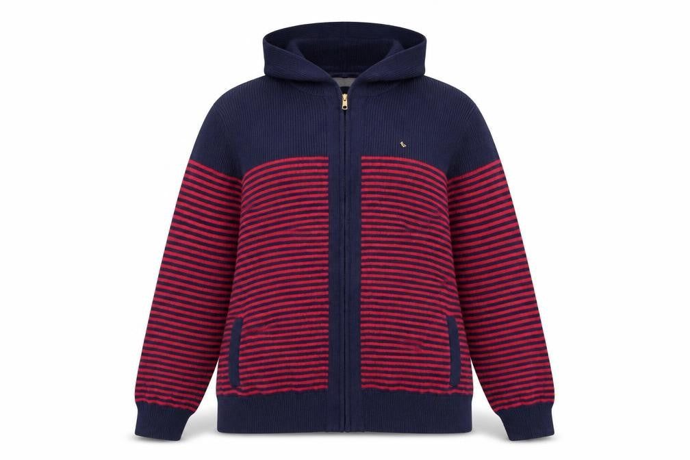 ISLE Womens Blue Red Striped Hooded Full Zip Knit Jumper Size 18-20