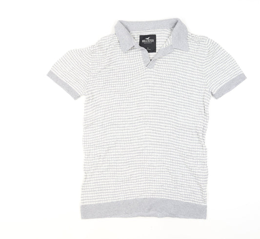 Hollister Men’s Grey Knitted Collared Short Sleeve Polo Shirt Size S