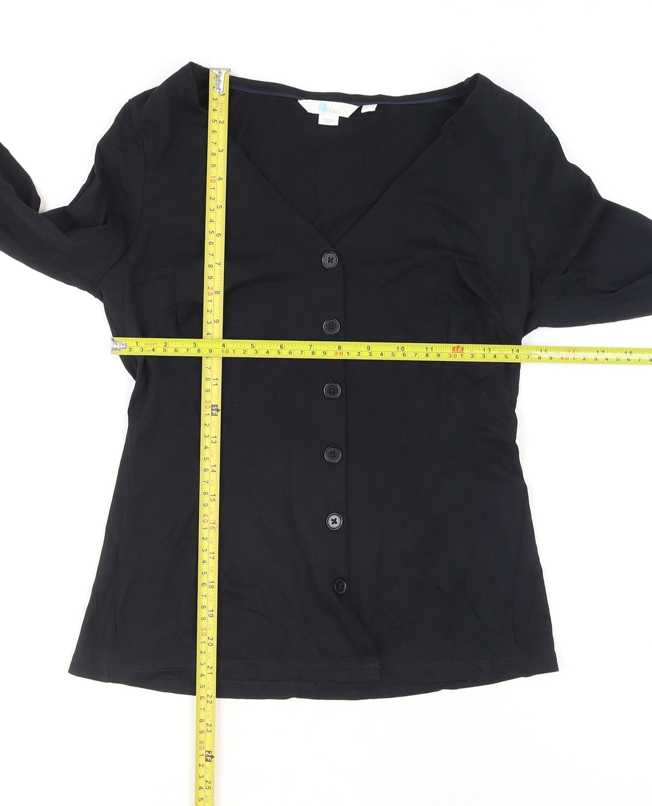 Boden Womens Black Button-Up V-Neck 3/4 Sleeve Cotton Top Size 8