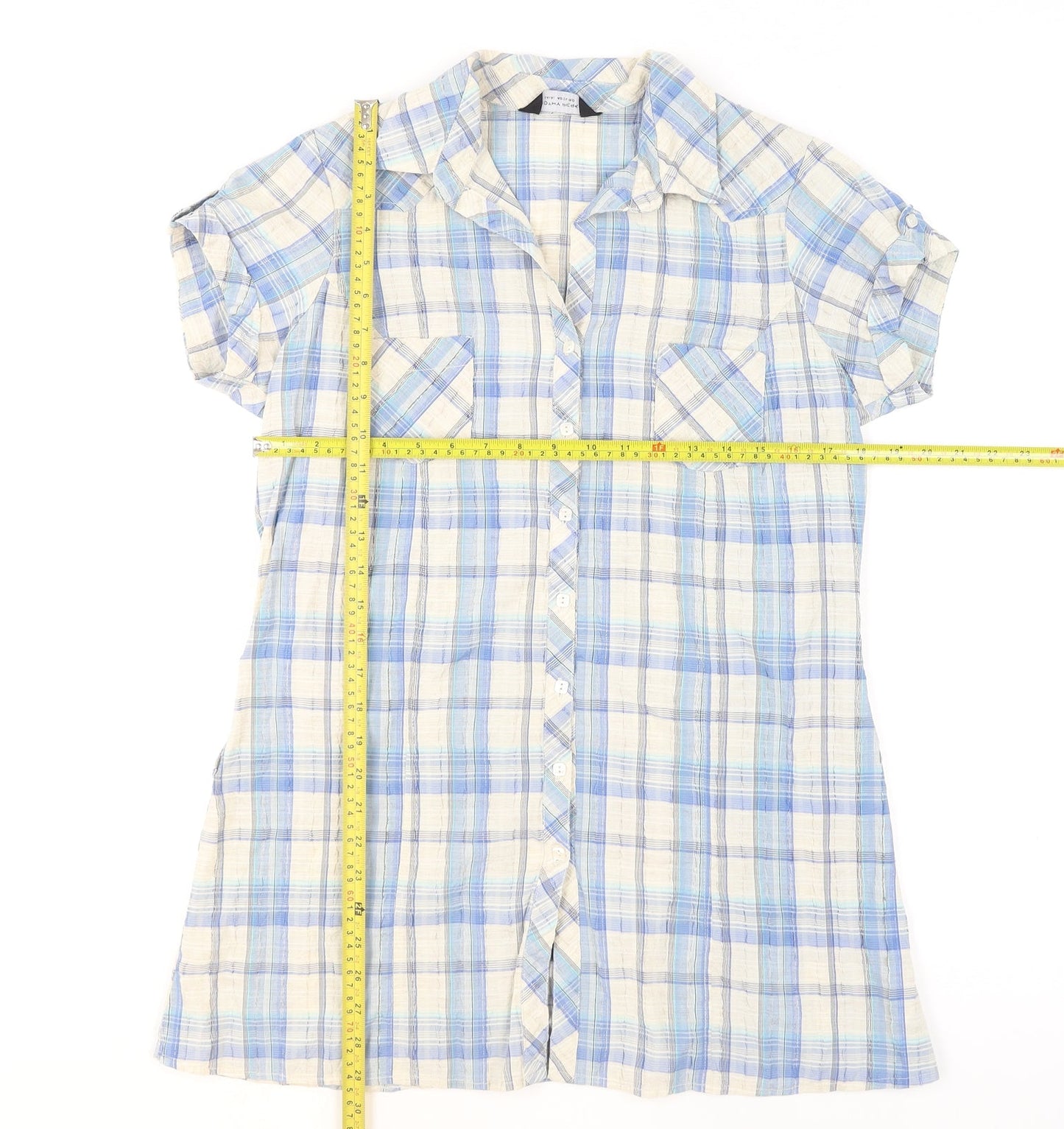 Dorothy Perkins Women's Blue Check Button-Up Tunic Shirt Size 14