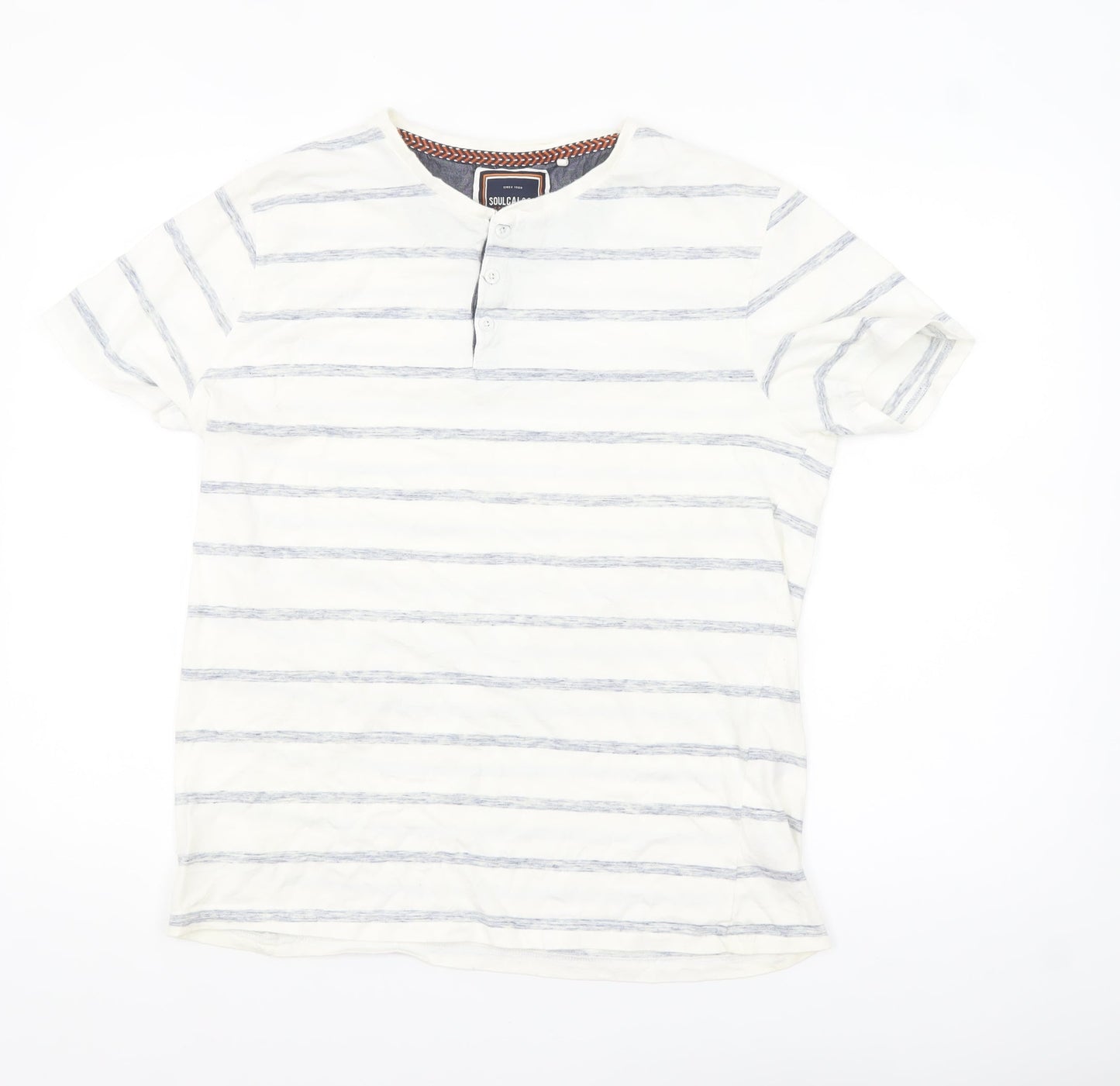 SoulCal & Co Mens White Striped Henley T-Shirt XL Casual Summer