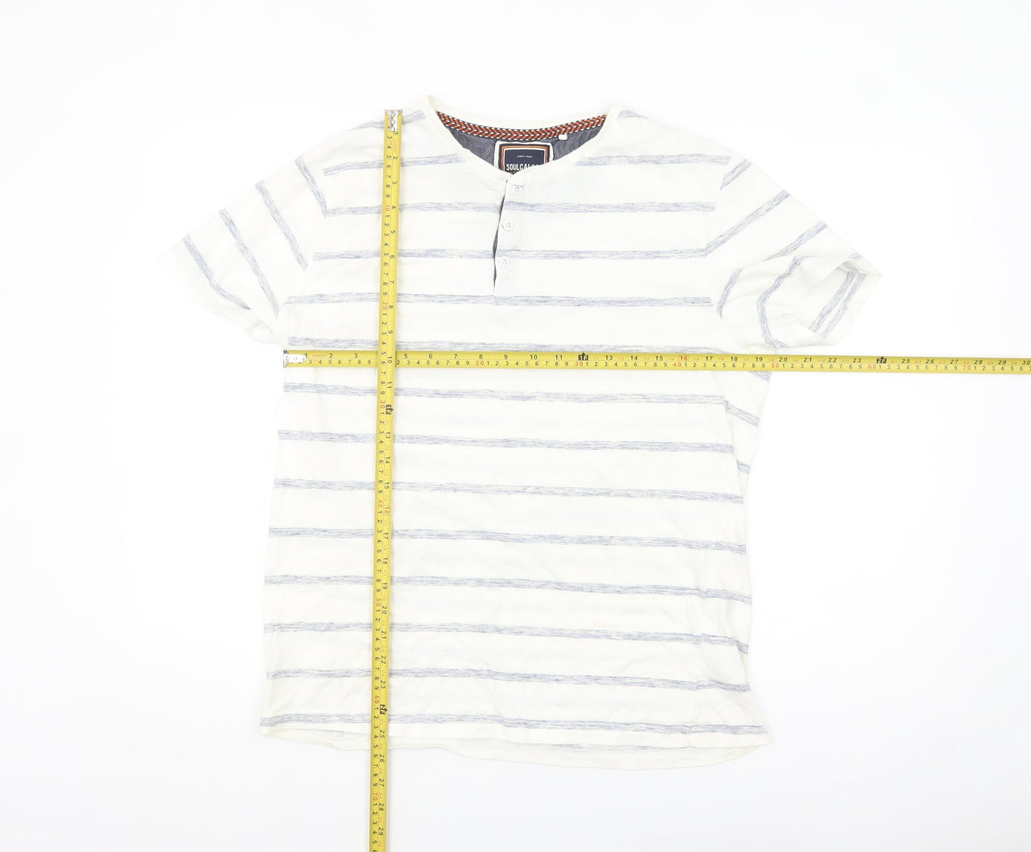 SoulCal & Co Mens White Striped Henley T-Shirt XL Casual Summer