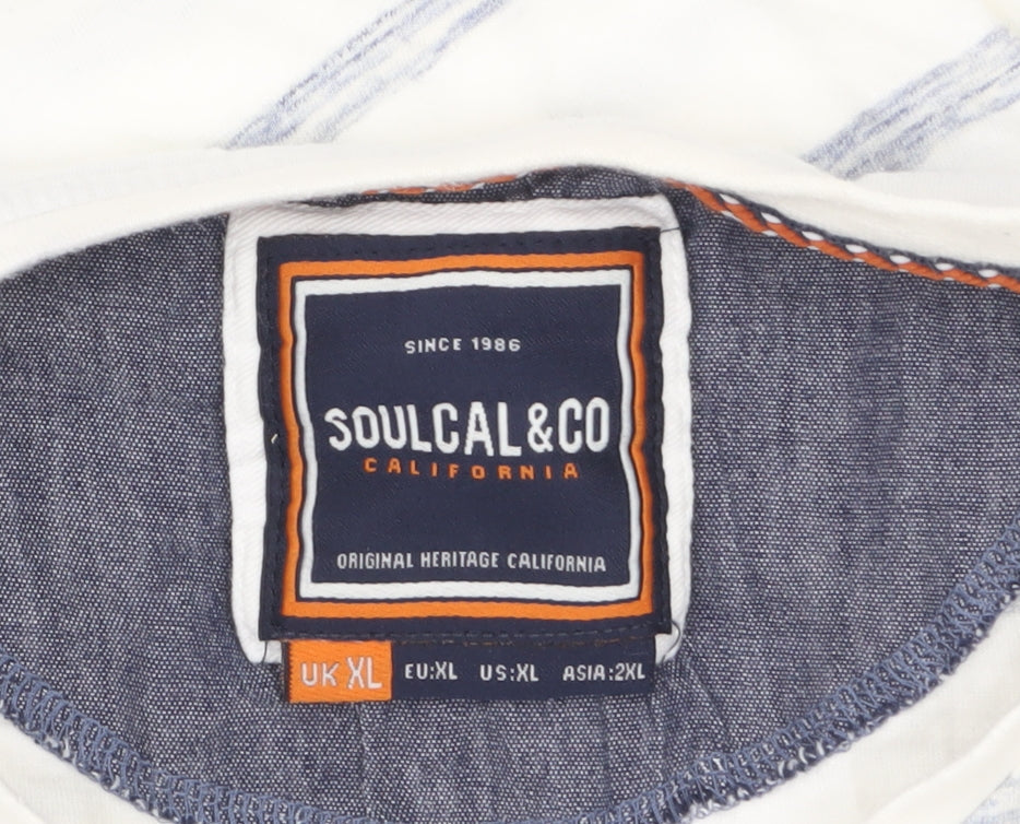 SoulCal & Co Mens White Striped Henley T-Shirt XL Casual Summer